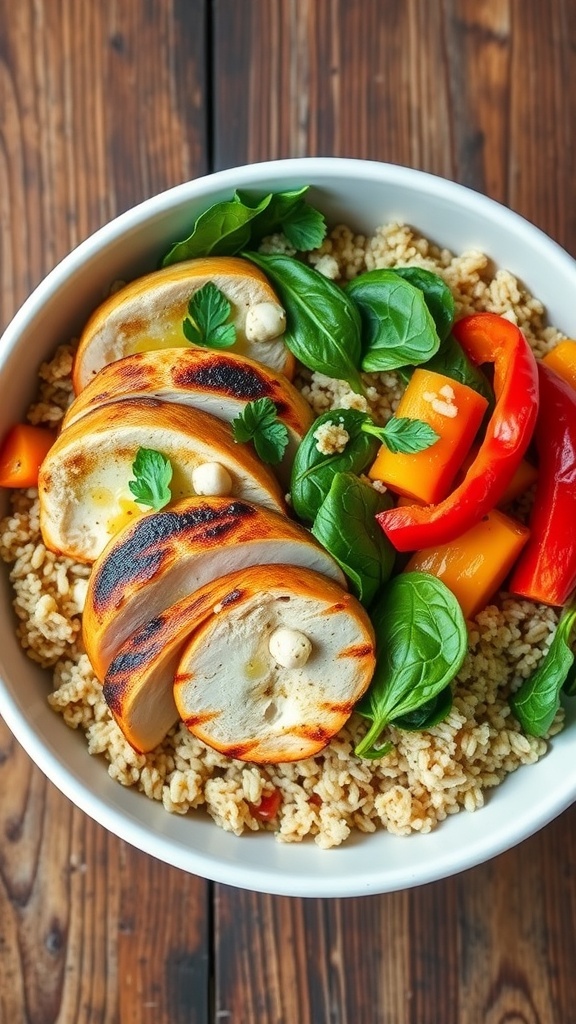 A colorful keto chicken quinoa bowl with grilled chicken, quinoa, bell peppers, and spinach, garnished with herbs.